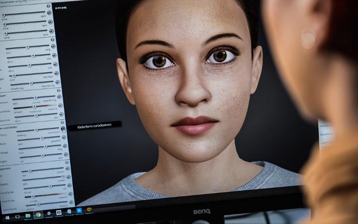Wie müssen virtuelle Helden oder Schurken aussehen? Forscher der Universität Stuttgart haben die Software FaceMaker entwickelt, mit der die Benutzer selbst virtuelle Gesichter entwerfen und anschließend angeben, wie sie diese wahrnehmen.  (Foto: Universität Stuttgart / VIS / SFB-TRR 161)
